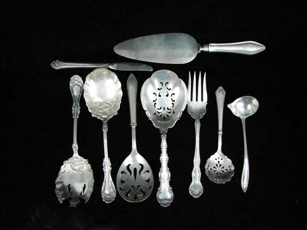 8 Sterling and Plated Serving Utensils: 5.5 troy ounces plus handles. Including Gorham, etc. very nice Reed and Barton 2 piece plated salad server.