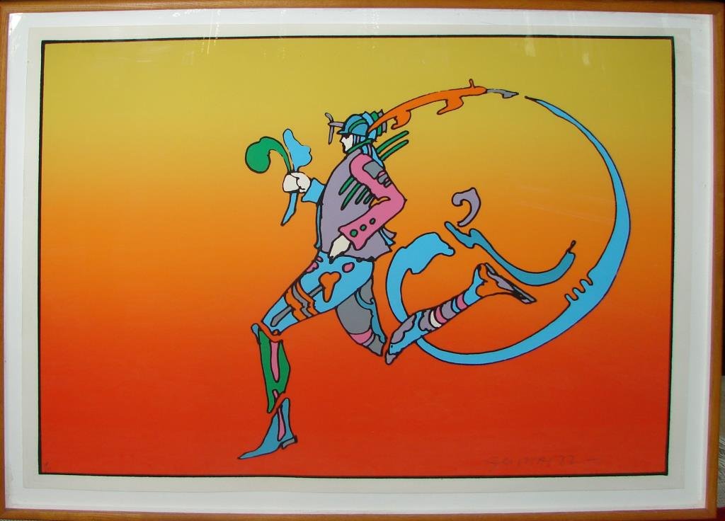 Peter Max Serigraph, "Rainbow Man": DP/VII, signed and numbered on the lower margin. 21.75 x 31 inches, framed to 24.75 x 32.75 inches. Publishers blind stamp on the lower left corner.