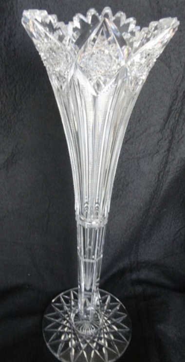 Monumental American Brilliant Cut Glass Vase: Height - 16.50 inches. Hawkes maker. Brunswick pattern. Trumpet shape 18 point holster base. Excellent condition. [3]