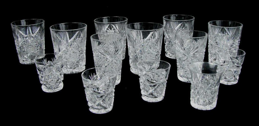 13 American Brilliant Cut Glass Tumblers: Various sizes and patterns.To the best of our abilities we have examined this lot. One of the smallest tumblers has some small chips to the rim. All others appear to be in good condtion.