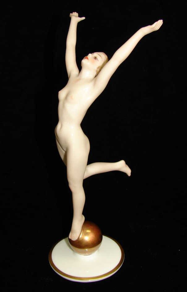 Hutchenreuther Porcelain Figurine - Female Nude: The nude balancing on a gilt ball.