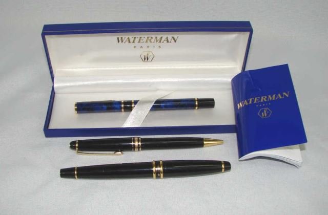 Group of Three Pens, Monte Blanc and Waterman: The Waterman in the original gift box.