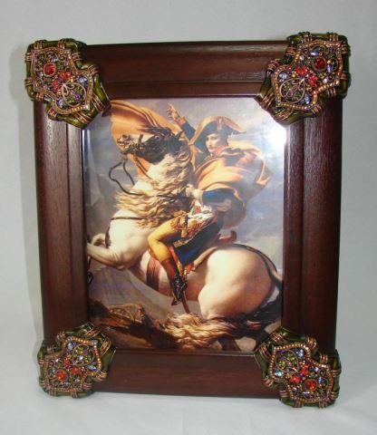 Jay Strongwater Large Picture Frame with Box: 13 1/2 x 11 1/2 inches. Wood with jeweled corners. Easel back, with original box.