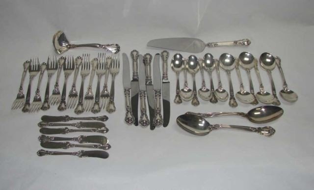 Gorham Sterling Silver Flatware - Chantilly: Service for six including 6 dinner knives, 6 butter knives, 6 dinner forks, 6 salad forks, 6 soup spoons, 6 teaspoons, and four serving utensils including pie server, two entree spoons and small ladle