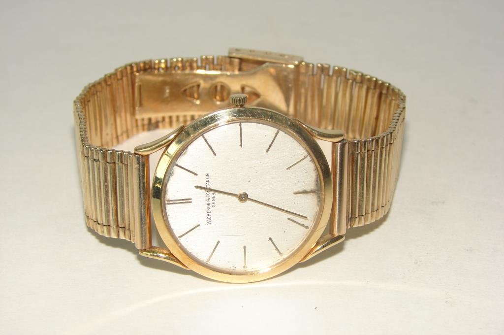 Vacheron Constantin 18K Gold Gent Watch: 18K head, 14K yellow gold custom bracelet. Round refinished dial. Mechanical movement, running condition. 60.4 grams total weight.