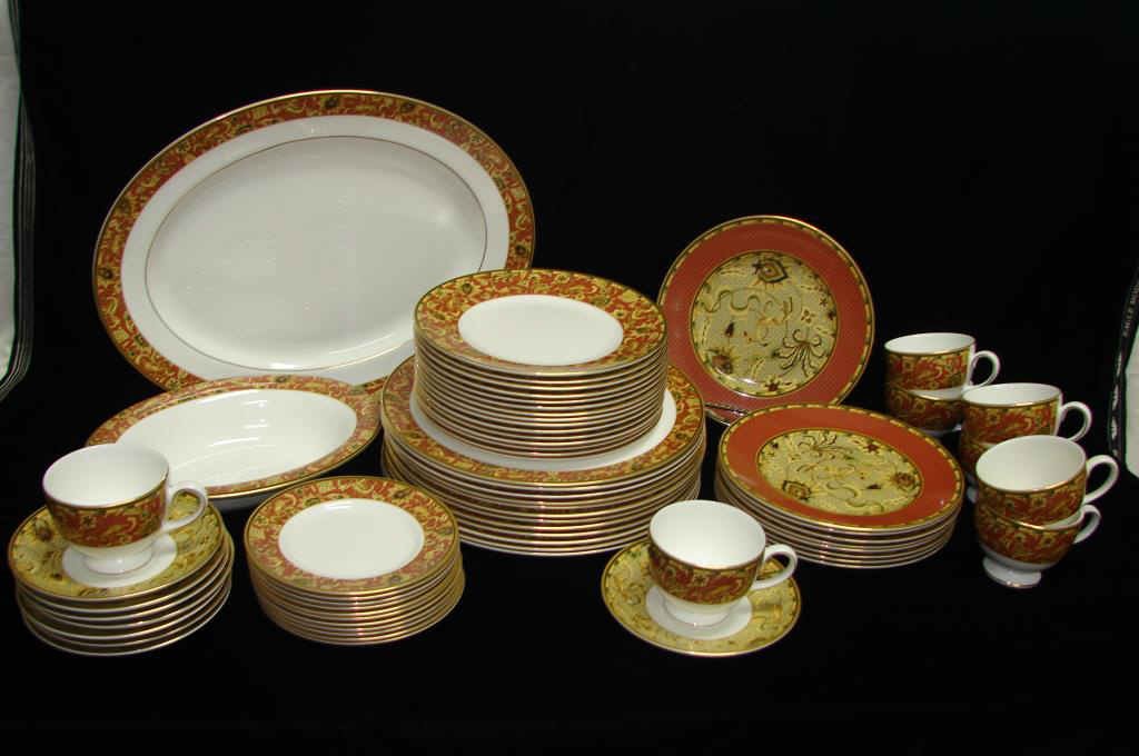 57 Piece Wedgwood China Service - Persia: Comprising 12 dinner plates, 8 cups and saucers, 11 bread plates, 24 Luncheon plates in two patterns, (15 & 9) two entree pieces, bowl and oval platter.Condition: Mint