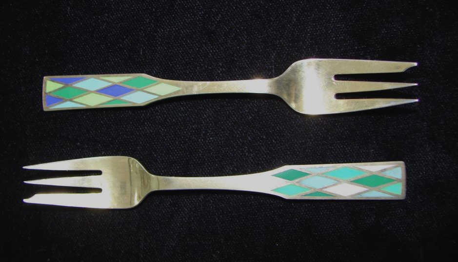 Pair (2) George Jensen Sterling Enamel Forks: 1.22 troy ounces.
