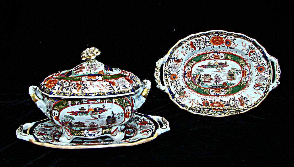 Mason Ironstone Small Covered Tureen, Under Plate: Imari pattern. Height - 6 inches, length - 10 inches (plate) has an extra under plate.