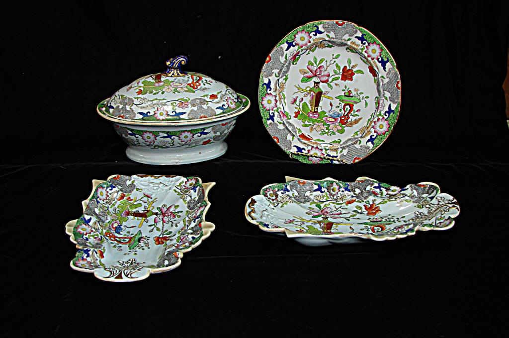 Four Patent Ironstone Articles, Tureen, Dishes: Including a covered tureen (chip on lid) and a pair of fine leaf form dishes length - 11 inches and one matching plate. Condition: Tureen lid has 1/2 inch chip.