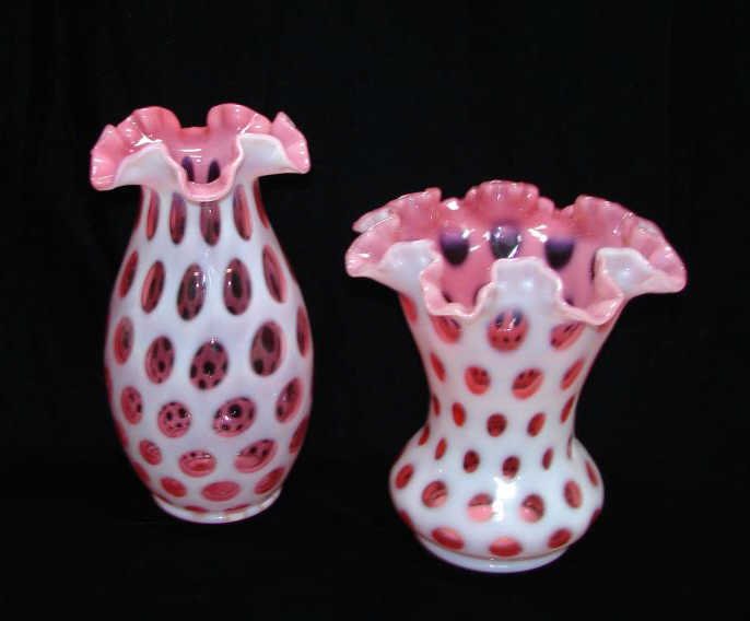 Pair (2) Fenton Ovoid Cranberry Coin Dot Vases (1 of 2)