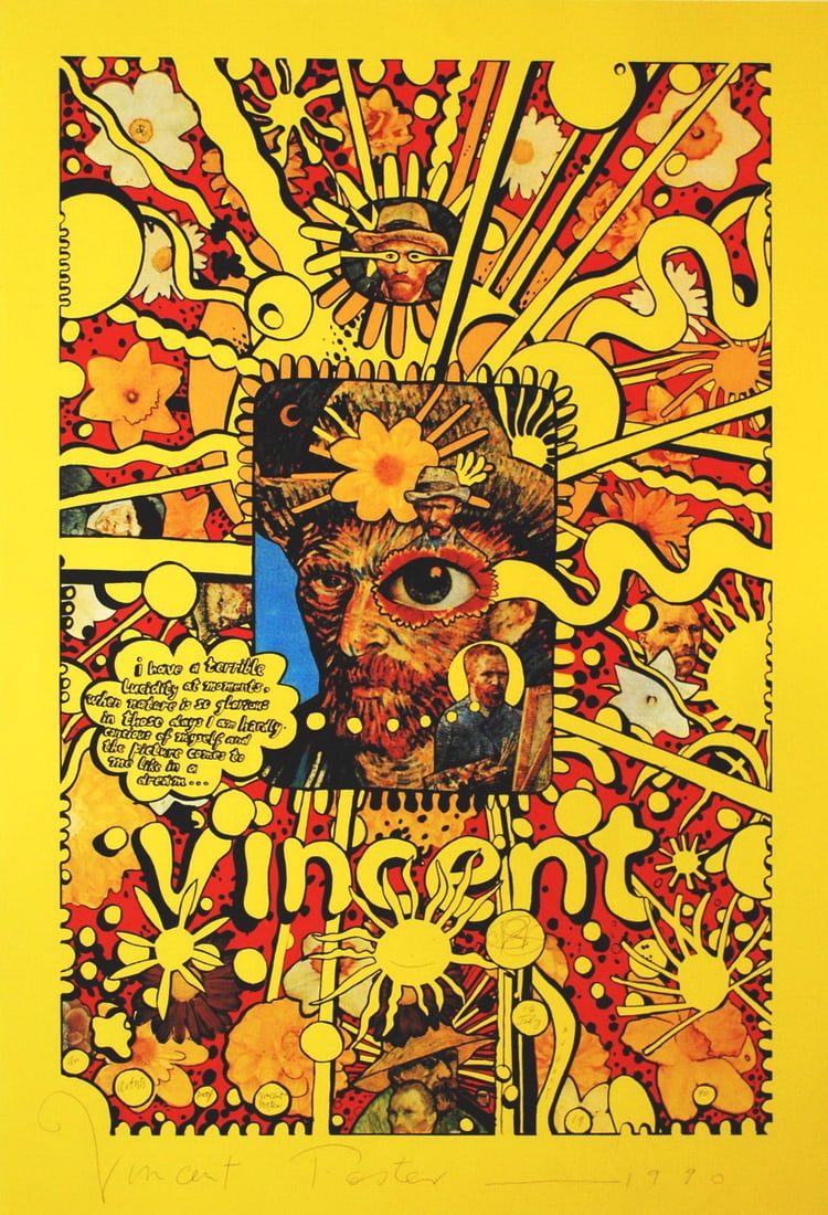 Vincent: Martin Sharp (Australian, b.1942). Vincent 1990. Colour screenprint, editioned 99, titled, annotated “Poster”, signed and dated in ink on image lower left to right, 101.8 x 73.3cm. Text co