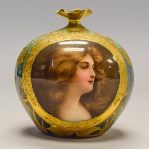 Royal Vienna Portrait Vase Reflexion: Royal Vienna hand painted portrait vase, with ruffled top and gilt painted decoration. Portrait signed Wagner. Titled on underside Reflexion, with beehive mark. 3 3/4"H