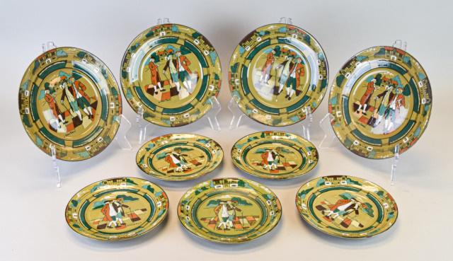 9 Buffalo Pottery Deldare Plates: 9 Buffalo Pottery, N.Y. Deldare plates. 4 Ye Olden Times, 9 1/2"-diameter, 5 Ye Village Street, 7 1/4"-diameter. All artist signed or monogrammed. All marked on underside Made at Ye Buffalo Pottery, D