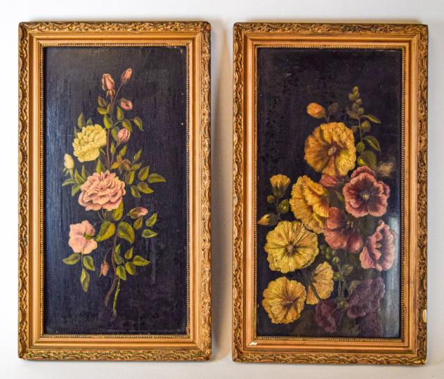 Pair of Floral Oil on Boards: 2 floral oil on boards, both unsigned. Each 17 1/2" x 8 3/4"