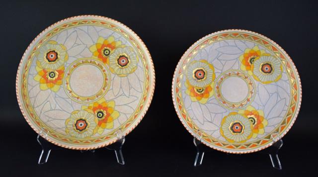 2 Charlotte Rhead for Crown Ducal Rhodian Chargers: Set of 2 matching pottery chargers by Charlotte Rhead for Crown Ducal in pattern # 3272, Rhodian. Each signed C Rhead and stamped Crown Ducal Made in England on verso. Larger 14 1/4"-diameter, smaller