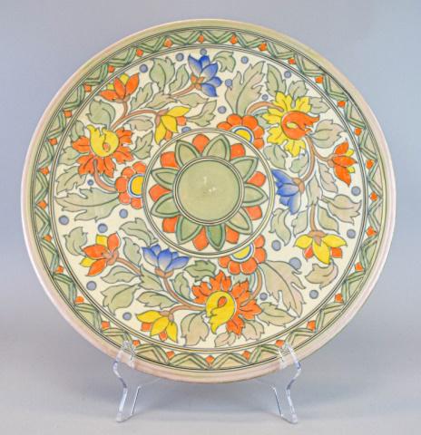 Charlotte Rhead Charger for Crown Ducal: Charlotte Rhead for Crown Ducal Charger/Wall Plaque - England - Circular form decorated with raised outlined designs filled with polychrome glazes with green zigzag and stripe rim borders, the center