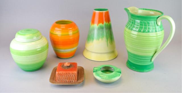 6 Pieces Shelley Harmony Ware English Earthenware: 6 pieces of 1930s Shelley Harmony earthenware pottery, all stamped Shelley England. Triangular vase, marked 920 on underside, 9 1/2"H (scratches and paint loss); covered ginger jar, 6 3/4"H; vase, 7 1