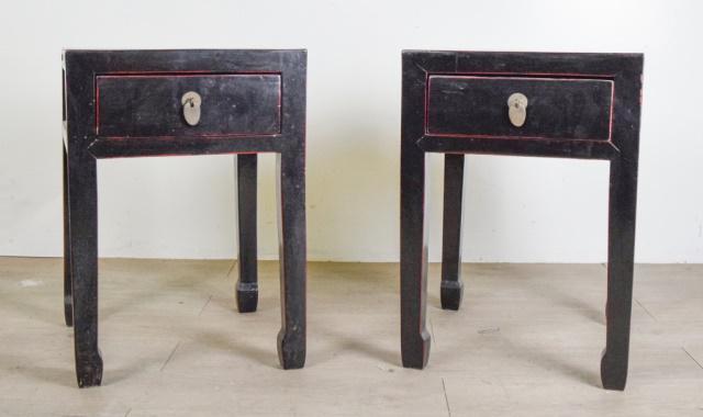 Pair of Asian Style Black-painted Side Tables: Pair of black side tables each with one drawer. Dimensions: 14.7 in, 14.7 in, 21.2 in