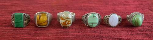 Group of Sterling Silver Semi Precious Stone Rings: Sterling Silver Ring with Rectangular Cats Eye Stone. Size 11 1/2. 18.5 Grams Total Sterling Silver Ring with Rectangular Malachite Stone. Size 9 1/2. 10.5 Grams Total Sterling Silver Ring with Oval H