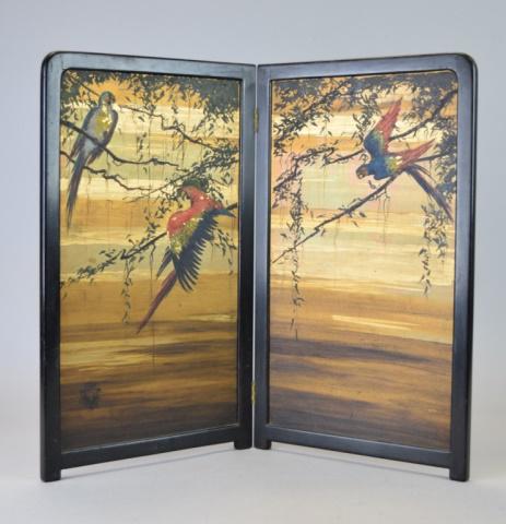 Hand Painted Table Screen: 2 panel table screen, with hand painted parrots. Some paint loss upper left corner. 17"H x 20"L