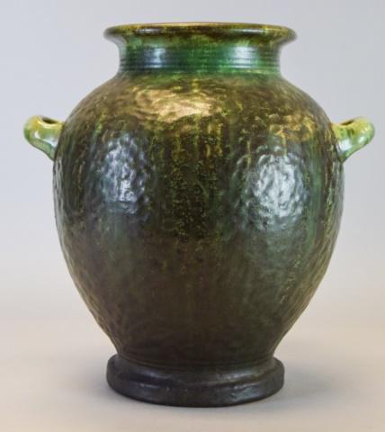 Large Fulper Two Handled Art Pottery Vase: Large two handled American art pottery vase in green glaze, with Fulper mark on underside. 12 1/4"H