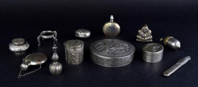 Grouping of Silver Accessories: Dutch 833 silver repousse box with Lion 2 mark on underside and Minerva head on lid, 1.095 ozt; Chinese or Japanese silver box with repousse cranes, 3.575 ozt; Simon Rosenau German 930 silver box with