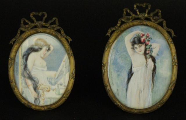 2 Lea Reinhart Portrait Miniatures: Lea Reinhart (Austrian, 1877-1970). 2 semi-nude miniature portraits, hand painted on bone and signed on left side. 3 1/2" x 2 3/4" and 3" x 2 1/4". In gilt metal frames.