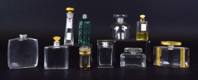 Grouping of Crystal Perfumes: Grouping of 10 mostly French crystal perfume bottles, including Marly, Balenciaga, Bevillon, Ann Haviland, Houbigant. Two missing stoppers. Tallest 4"H