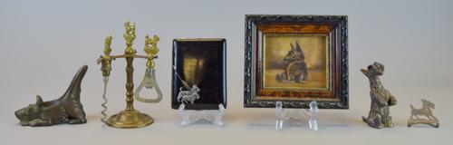Grouping of Scottie Decorative Items: 6 decorative items featuring Scottie dogs. Brass bar tools on holder (1 missing); cigarette case with silver Scotties; bronze ashtray; small oil painting, signed illegibly lower right; 2 sterling Scot
