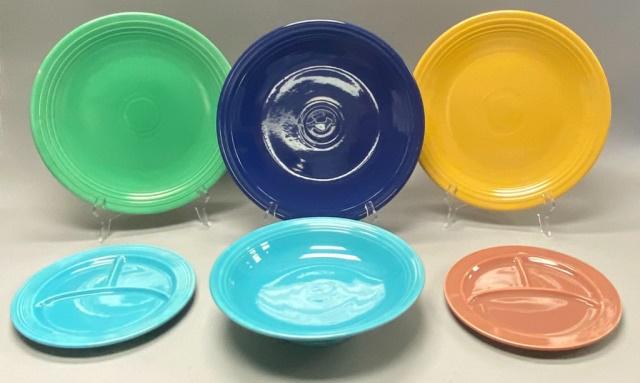 6 Fiestaware Serving Platters: Three 14 1/4"-diameter - Antique Gold, Sapphire, Sea Mist, all unmarked; footed Turquoise bowl, 3"H, unmarked; 2 vintage divided plates - Rose & Turquoise (wear in divider of Turquoise plate), 10 1/4"