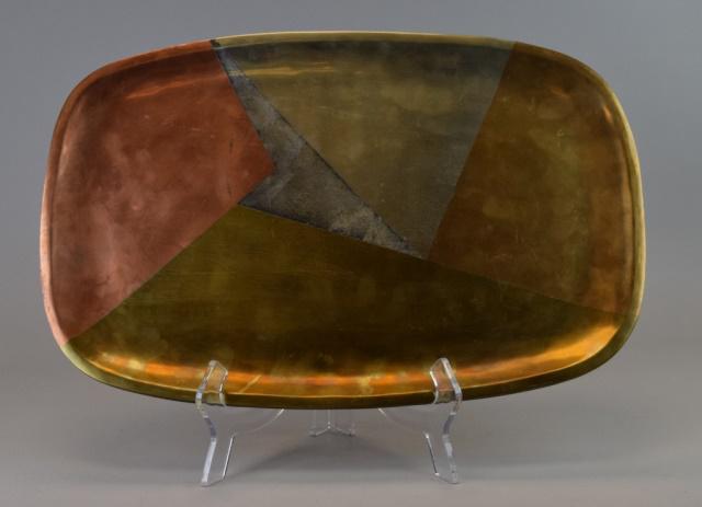 Taxco Los Castillo Mixed Metal Tray: Taxco Mexico tray, with trapezoid designs in 5 different metals. Marked Handwrought, Los Castillo Taxco, Metales Castillo, 95. Some wear. 17 3/4" x 11 1/2"