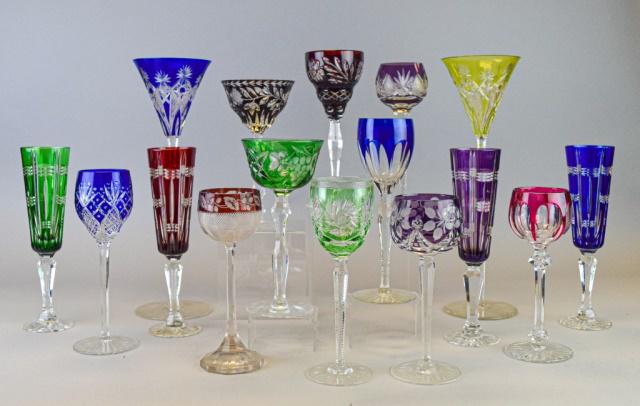 Color Cut to Clear Stemware: 16 pieces color cut to clear stemware, including a set of 4 and a pair of large chalices. Large pair 14 1/4"H.