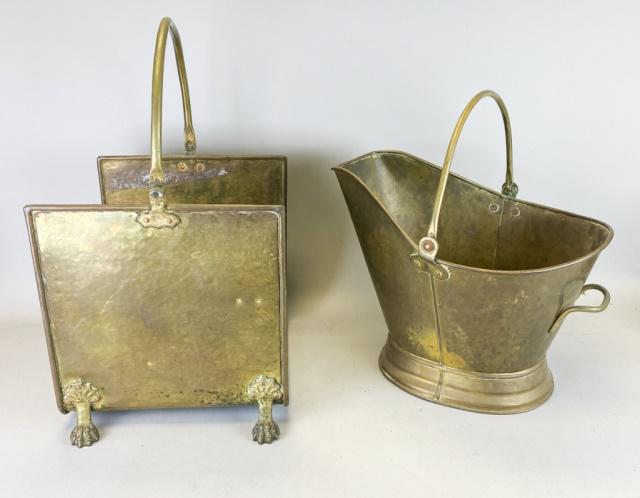 Brass Log Holder & Coal Scuttle: Brass log holder with claw feet. 12 3/4"L x 12 3/4"W x 13 1/2"H not including handle; brass coal scuttle, 17"L x 13"H not including handle.