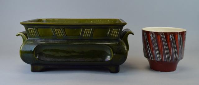 2 Piece English Pottery Grouping: 2 pieces English pottery. Bretby England rectangular pottery planter, with impressed mark and no. 1867 on underside, 15 1/4"L x 7 1/4"D x 6 1/2"H; Poole England round planter, with stamped mark on und