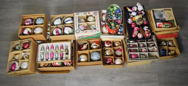Large Group of Vintage Glass Christmas Ornaments: Including Santas, orbs, snowmen, snowflakes. Some with boxes. Wear consistent with age.