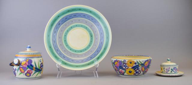 4 Piece Poole English Pottery Grouping: 4 pieces of Poole England pottery. Charger, no. 920, 13"-diameter; bowl no. 432, 3 3/4"H x 7 1/2"-diameter, with matching covered jar no. 230, 6"H and lidded sugar bowl no. 640, 3"H. All artist initia