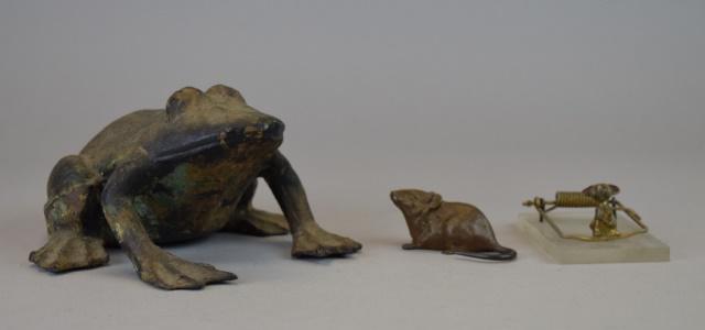 Metal Animal Grouping: Cast iron frog, 6"L; mouse on lucite mouse trap, mouse 1"H, mouse trap 3 1/4" x 1 3/4"; bronze rat, stamped Gimbel Brothers, Stub on underside, 2 1/2"L