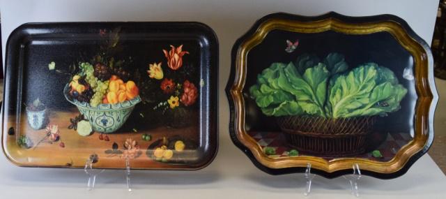 2 Tole Style Metal Trays: Bowl of fruit, 15 3/4" x 23 1/2"; Ian Logan basket of lettuce, 17 1/4" x 22"