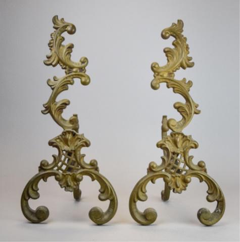 Pair of Andirons: Pair of andirons with acanthus leaf decoration. Each 8 3/4"W x 10 1/2"D x 19"H