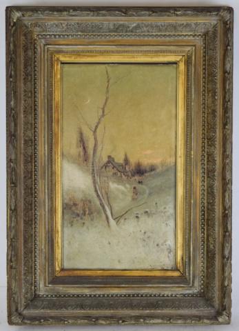 Edward Gay Hudson River School Landscape Oil: Edward Gay (American, 1837-1928). Hudson River School oil on canvas laid down on board winter landscape The Crescent Moon. Signed lower right. Minor paint loss along edges, canvas separating from boar