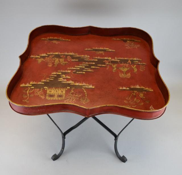 Chinoiserie Tole Tray Top Table: With hand painted decoration. 23"L x 20 1/4"W x 20"H