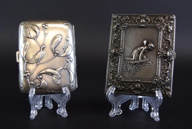Silver Card Case & Cigarette Case: French silver repousse cigarette case, stamped Depose, 3 1/2" x 2 1/2"; Kerr & Co. sterling repousse card case, monogrammed and dated on reverse May 30th, 1899. With Kerr xxx and axe hallmark and stam