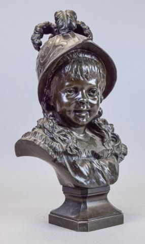 Signed Martin Bronze Bust of a Girl in Helmet: Bronze bust of a girl in a military helmet. Signed Martin. 17 1/2"H x 10"W