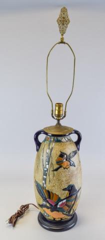 Amphora 2 Handled Pottery Bird Vase: Amphora Austrian 2 handled pottery vase with bird decoration. With Amphora mark on underside. Mounted as a lamp. Vase 16"H, as a lamp 36" including finial.