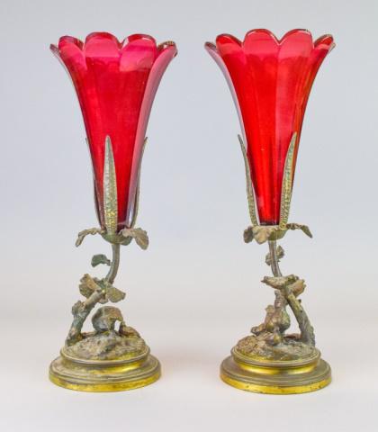 Pair of Figural Bronze Epergnes: Pair of figural bronze epergnes with bird and tree motif, and ruby glass inserts. Branch missing from one, flake on bottom of one insert. Each 15 1/2"H