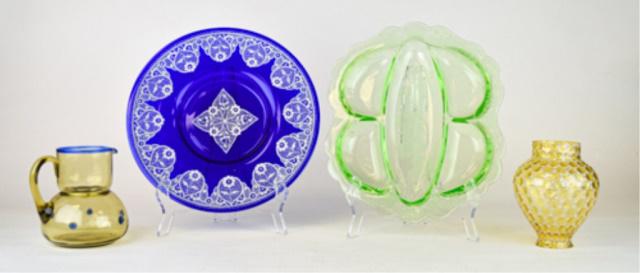 4 Piece Decorative Glass Grouping: 4 piece decorative glass grouping: pitcher with cobalt rim and applied cobalt decoration, amber shade, green depression glass sectioned platter, cobalt tray. Cobalt tray 12"-diameter