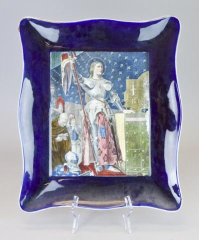 Sarreguemines Joan of Arc Porcelain Plaque: Sarreguemines France porcelain platter / plaque, titled on verso Jeanne d'Arc au Sacre de Charles VII, after J. Ingres. 17" x 14 1/4"