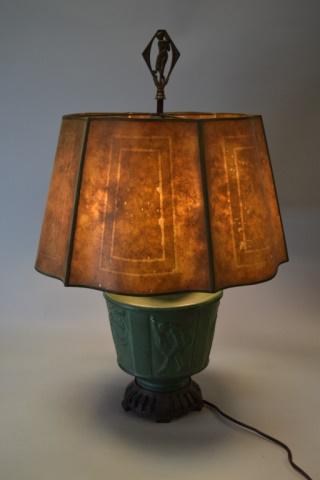 Muncie Pottery Dancing Nudes Lamp: Muncie Pottery (American, Muncie, Indiana). Art deco pottery lamp Dancing Nudes, designed by Reuben Haley for Muncie Pottery. With metal fittings and figural finial. Marked on underside I-S. Circa ear