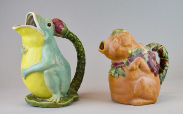 2 Figural Majolica Pitchers: 2 figural majolica pitchers: frog, 9"H x 8"W; and a pig, 7 1/4"H x 8"W