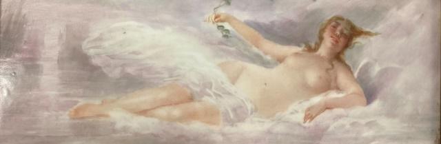 Hand Painted Porcelain Plaque Reclining Nude: Hand painted porcelain plaque of a reclining nude, unsigned. 3 1/2" x 10".